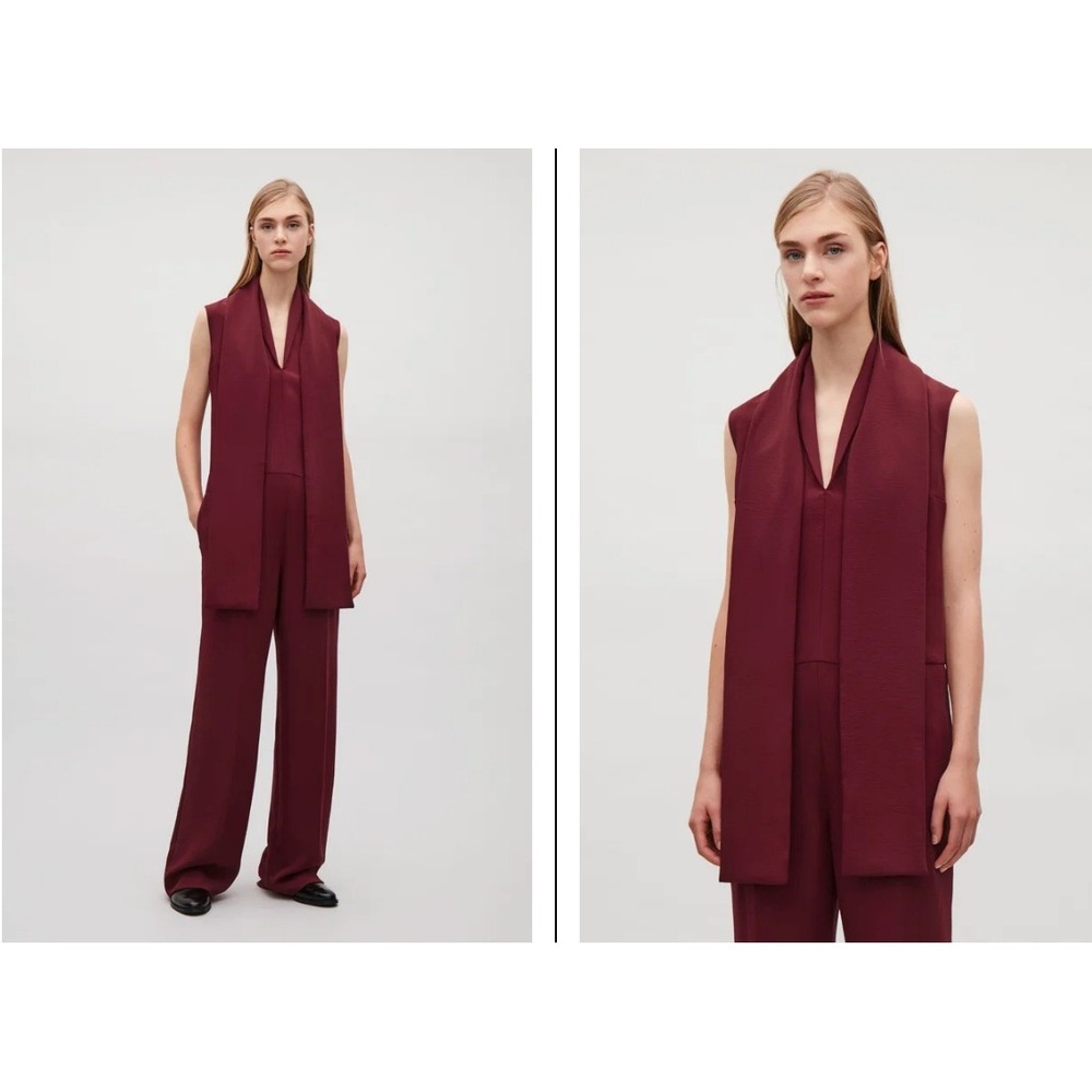 COS Draped Tie Jumpsuit Burgundy Red Sleeveless Wide Leg V-Neck Scarf Detail 2